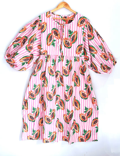 Women Midi Dress, Mini Dress, Floral Long Block Print Dress, Deep Neck With String Closer