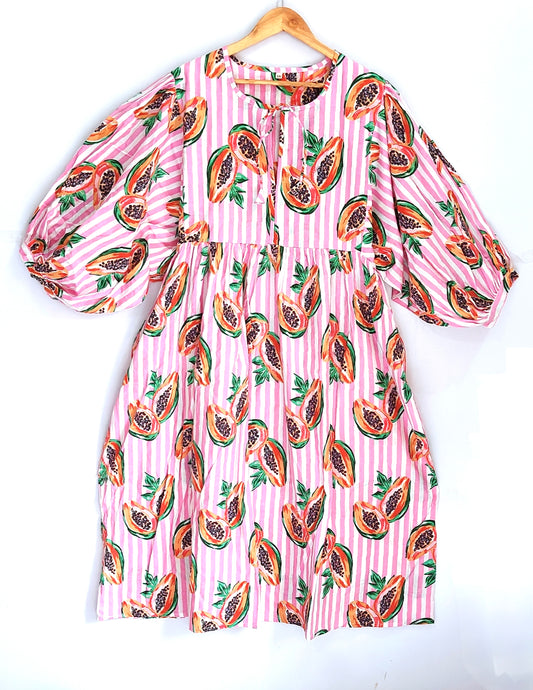 Women Midi Dress, Mini Dress, Floral Long Block Print Dress, Deep Neck With String Closer