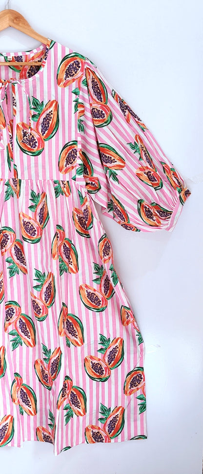 Women Midi Dress, Mini Dress, Floral Long Block Print Dress, Deep Neck With String Closer