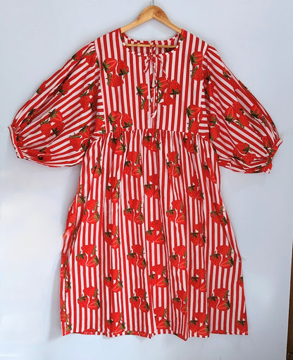 Women Midi Dress, Mini Dress, Floral Long Block Print Dress, Deep Neck With String Closer